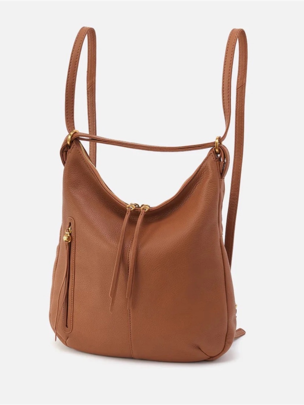 HOBO Pebbled Leather Hobo Backpack in Cognac Brown with Gold Hardware